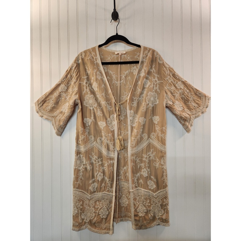 Solitaire Embroidered Kimono‎ Cardigan Tan Beige Floral Tassel Tie Boho Womens L